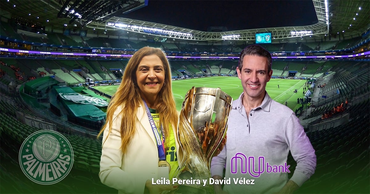 Leila Pereira and David Vélez pose with a trophy in a soccer stadium, Palmeiras logo visible at left, Nueva Bank branding at right, text reads 'Leila Pereira y David Vélez'. - La poderosa brasilera que compró al Palmeiras, lo puso a volar y logró de socio al dueño de NuBank