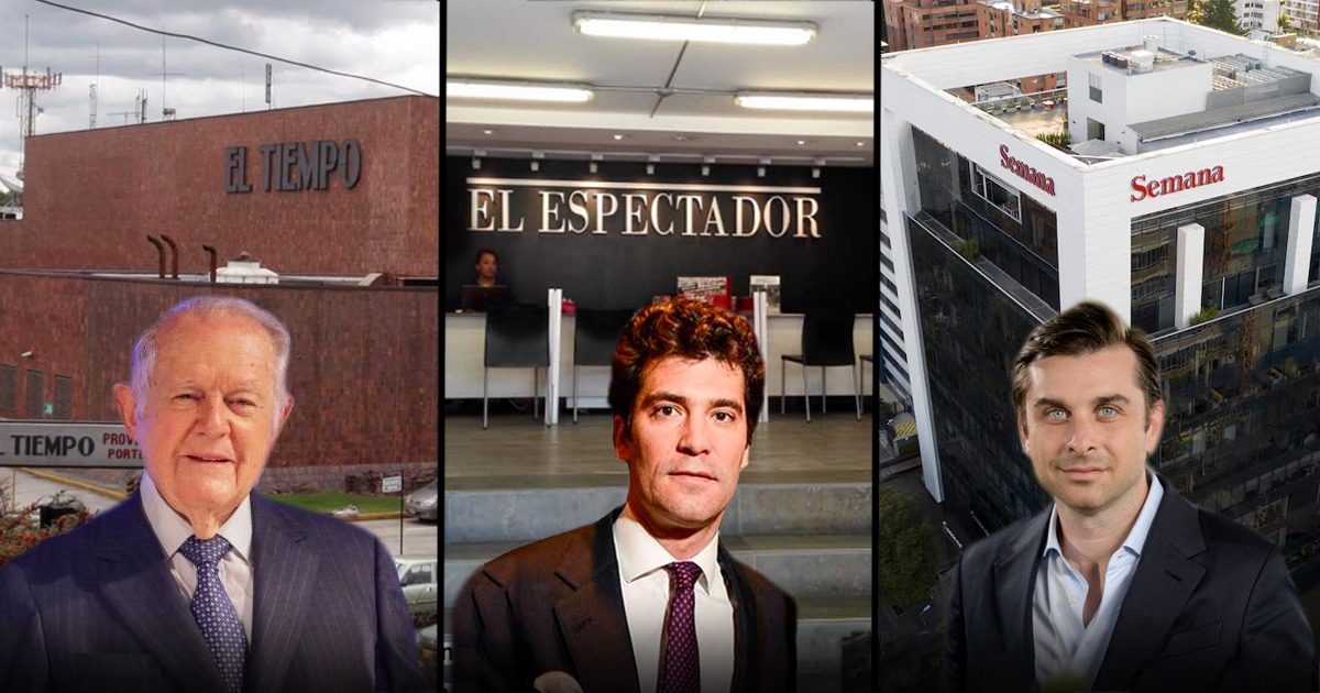 Collage of three men in suits in front of major Colombian newspapers: El Tiempo, El Espectador, and Semana logos on buildings. - Los 5 grandes medios de comunicación de Colombia perdieron millones en el 2025 