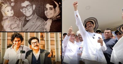 Composite collage: vintage family photo (grandparents with baby) paired with a newer portrait of two men smiling outside a building, and a man at a white-clad rally raising a fist. - Las2orillas.co: Historias, voces y noticias de Colombia