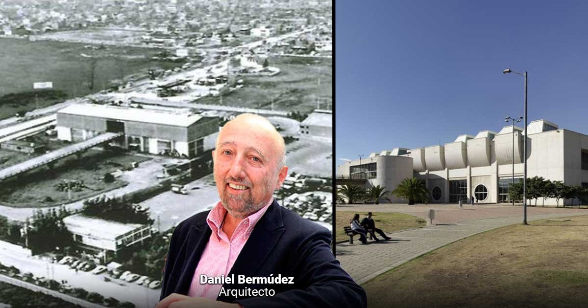 Portrait of architect Daniel Bermúdez beside a split image: left is a vintage aerial view of a campus, right is a modern building plaza. - Así fue como a un cementerio de carros y basuras se volvió la gran Biblioteca El Tintal