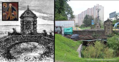 Split view: left is a historic engraving of an arched stone bridge with a portrait inset; right is a modern urban scene of a ruined bridge near high-rise buildings and greenery. - Las2orillas.co: Historias, voces y noticias de Colombia