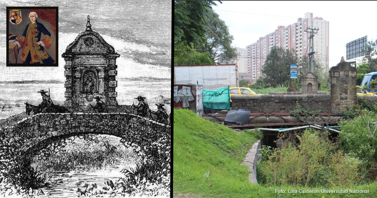 Split view: left is a historic engraving of an arched stone bridge with a portrait inset; right is a modern urban scene of a ruined bridge near high-rise buildings and greenery. - El puente que mandó a construir el Virrey Solís en el siglo XVIII sigue parado en Fontibón pero está abandonado