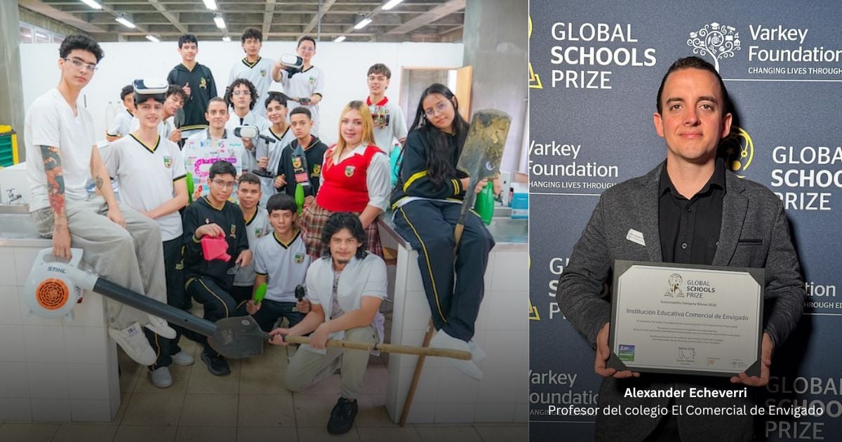 Diverse group of students in a workshop posing with power tools and props; a few wear uniforms and one sits with a sparkly banner nearby (two-panel image). - La historia del colegio público de Envigado que se metió entre los 10 mejores del mundo