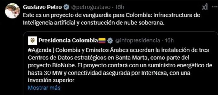 Petro insiste en su ambicioso y polémico sueño con 3 centros de datos en Santa Marta Tweet announcing a vanguard Colombia project: AI infrastructure and sovereign cloud; mentions three data centers in Santa Marta for BioNube. - Petro insiste en su ambicioso y polémico sueño con 3 centros de datos en Santa Marta