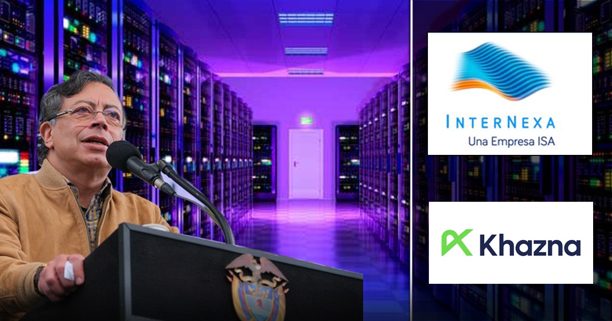 A man speaks into a microphone at a podium in a server-room setting with purple lighting and sponsor logos (Internexa and Khazna) on the right. - Petro insiste en su ambicioso y polémico sueño con 3 centros de datos en Santa Marta