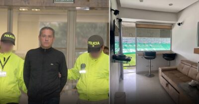 Left panel: man in a dark zip-up jacket escorted by two officers in neon police jackets; faces blurred. Right panel: modern lounge with beige sofa, bar stools, and a stadium view through a large window. - Las2orillas.co: Historias, voces y noticias de Colombia