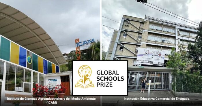 Collage of two schools side by side: left ICAM institute with colorful facade, right gated campus building; center logo reads Global Schools Prize. - Las2orillas.co: Historias, voces y noticias de Colombia