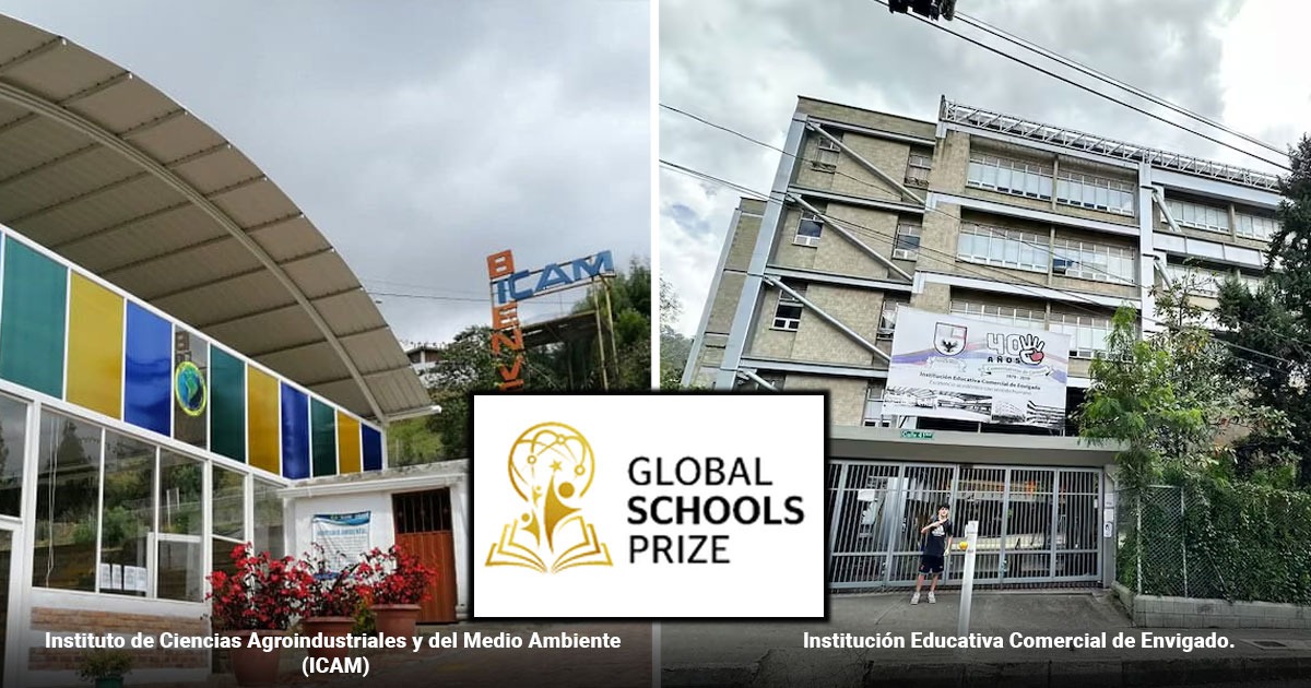 Collage of two schools side by side: left ICAM institute with colorful facade, right gated campus building; center logo reads Global Schools Prize. - Un Colegio rural de Ubaté y uno público de Envigado finalistas en un ranking de los mejores del mundo