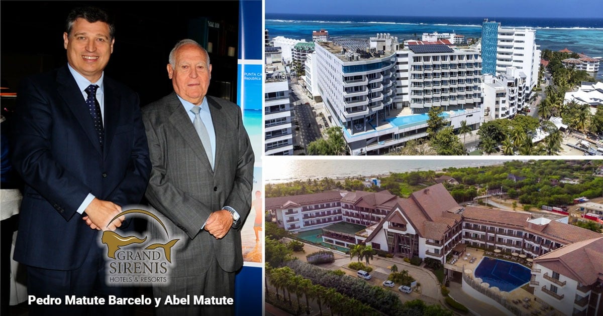 Two men in suits shake hands at a Grand Sirenis Hotels & Resorts event, logo visible, with aerial views of two coastal hotels in the background. - La aparatosa llegada de los españoles de Sirenis Hotels a San Andrés y Cartagena