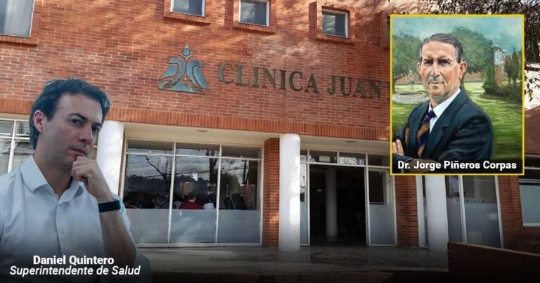 Las2orillas.co: Historias, voces y noticias de Colombia Man in white shirt, standing in front of Clinica Juan, with a framed portrait of Dr. Jorge Pif1eros Corpas on the right (overlayed). - Las2orillas.co: Historias, voces y noticias de Colombia