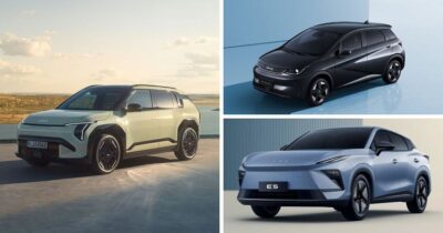 Collage of three electric SUVs: a pale green SUV on a coastal road, a black compact SUV, and a light blue sedan labeled 'E5'. - Las2orillas.co: Historias, voces y noticias de Colombia