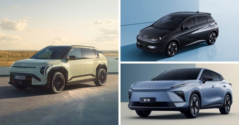 Collage of three electric SUVs: a pale green SUV on a coastal road, a black compact SUV, and a light blue sedan labeled 'E5'. - La guerra de los carros eléctricos en Colombia puso a varias marcas a bajar los precios de sus modelos