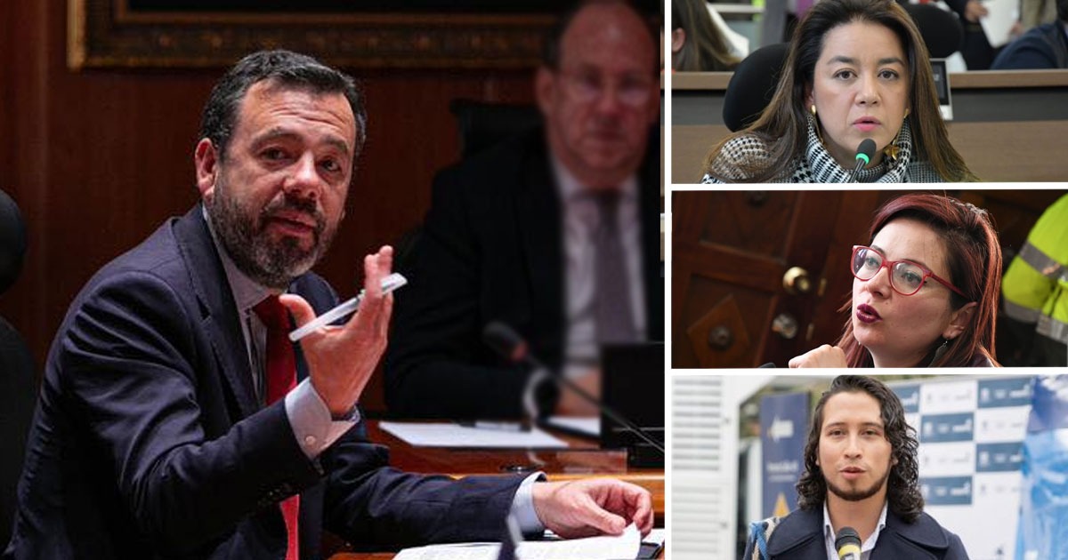 Collage of four people: man in a suit speaking at a desk on the left, with papers in front. Top-right: woman speaking into a microphone in a meeting room. Middle-right: woman with red glasses talking, indoors. Bottom-right: man with long hair speaking at an event with a backdrop. - La unión de concejales de izquierda y derecha que puso al alcalde Galán contra las cuerdas