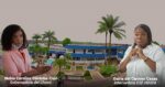 Two women stand on a campus courtyard with a blue building behind them, one in pink and the other in white, with captions naming Nubia Carolina Córdoba-Curi and Osiris del Carmen Casas in the foreground. - La crisis del hospital más importante del Chocó que salpica a duros de Supersalud 