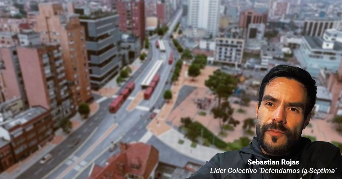 Bearded man in foreground with a blurred city street behind; caption at bottom mentions a collective leader. - El colectivo bogotano que se opone a la megaobra que planea cambiarle la cara a la carrera séptima