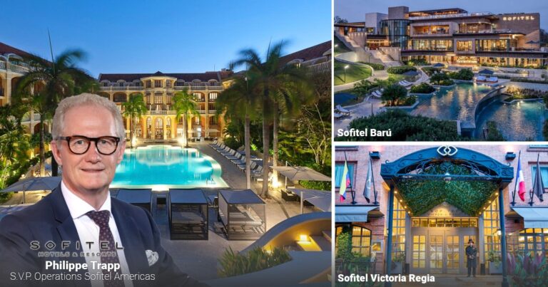Collage showing Sofitel resort pool at left with a man in a suit (Philippe Trapp) in foreground, three smaller images of Sofitel properties on the right: Barú, Victoria Regia, and an entrance. - La histórica cadena francesa que maneja hoteles de lujo en Colombia y los tiene entre los mejores de Suramérica