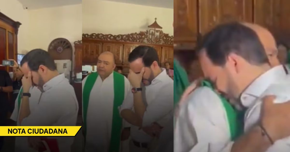 Man in white shirt with green priest's stole covering his face in prayer inside a church; news banner reads 'NOTA CIUDADANA' at bottom left. - La peligrosa estrategia de volverse creyente en campaña con tal de conquistar votos cristianos