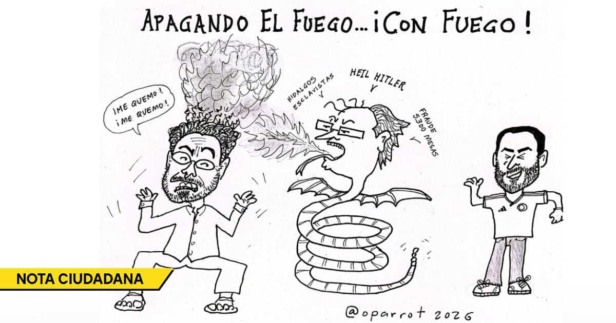 Cartoon showing a bearded man on the left with flames erupting from his head shouting '¡Me quemo!'; a dragon-like serpent spews fire at him, while a man on the right watches with a calm gesture; title reads 'Apagando el fuego... ¡Con fuego!' and a yellow 'NOTA CIUDADANA' banner appears at the bottom left. - Caricatura: Apagando el fuego con fuego