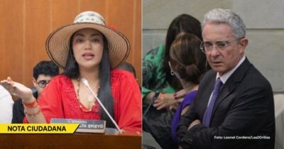 Split-screen image: left side shows a female speaker wearing a wide-brim hat and red outfit at a podium with a 'NOTA CIUDADANA' banner; right side shows a serious-looking man in a suit in a different setting, with people nearby. - Las2orillas.co: Historias, voces y noticias de Colombia