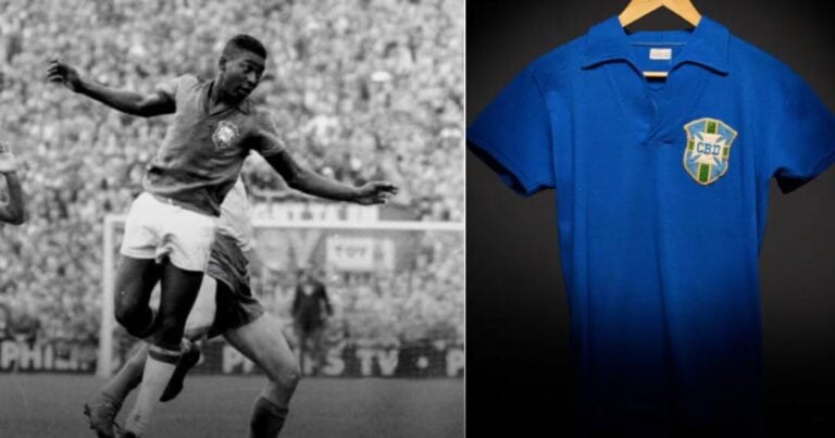 Las2orillas.co: Historias, voces y noticias de Colombia Black-and-white action shot of a soccer player kicking the ball; beside it, a blue polo shirt with a shield crest on a hanger. - Las2orillas.co: Historias, voces y noticias de Colombia