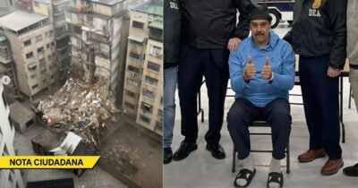 Split image: left shows a collapsed multi-story building with rubble in a courtyard; right shows a man in a blue hoodie seated in a chair giving thumbs up, flanked by uniformed officers. - Las2orillas.co: Historias, voces y noticias de Colombia