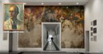 Interior museum hallway with a central doorway, a large weathered mural across the back wall, and a framed portrait leaning on the left wall with two people visible at the far end. - El mural del pintor comunista que la dictadura de Rojas Pinilla sepultó bajo doce capas de pintura en la U. Nacional