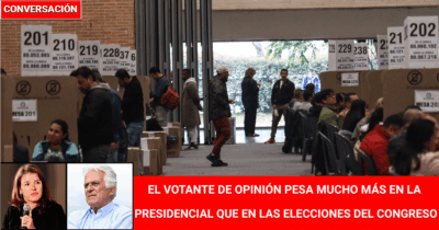 Las2orillas.co: Historias, voces y noticias de Colombia Polling station interior with voters and booths; bold red banner says CONVERSACIÓN, bottom red banner features interview subject text about voters in congressional elections, plus small portrait photos in the corner - Las2orillas.co: Historias, voces y noticias de Colombia