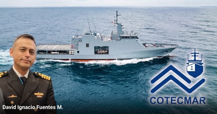 Portrait of a navy officer in uniform taking a selfie with a large gray naval ship at sea, COTECMAR emblem visible on the right edge. - Las2orillas.co: Historias, voces y noticias de Colombia