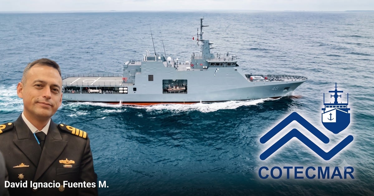 Portrait of a navy officer in uniform taking a selfie with a large gray naval ship at sea, COTECMAR emblem visible on the right edge. - Un capitán de la armada está detrás del diseño los patrulleros oceánicos que Colombia quiere venderle a Uruguay