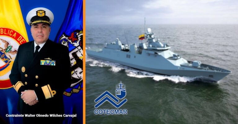 Portrait of Admiral Walter Olmedo Wilches Carvajal in formal naval uniform with flags in the background. - Las2orillas.co: Historias, voces y noticias de Colombia