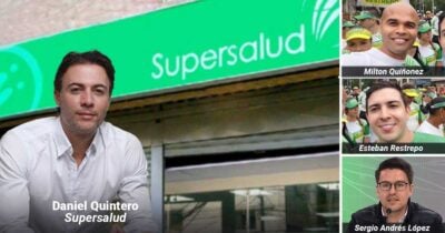 Daniel Quintero in a white shirt in front of a bright green Supersalud sign (main image) - Las2orillas.co: Historias, voces y noticias de Colombia