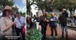 Split image: left panel shows a woman in a tan wide-brim hat examining an item outdoors while bystanders watch; right panel shows a crowd in jackets on a brick street, some reading papers near green gemstone piles. - La guaquera de Muzo que hizo un imperio vendiéndole esmeraldas a Estados Unidos y Asia