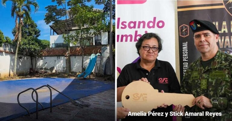 Split image: left shows an empty backyard pool with a blue cover and slide; right shows a woman and a soldier holding a large key in front of banners. - Las2orillas.co: Historias, voces y noticias de Colombia