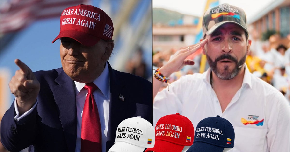 Split-screen image: left side shows a man in a dark suit and red tie wearing a red cap that reads 'Make America Great Again' and pointing toward the camera; right side shows a man in a white shirt saluting, with a row of caps that read 'Make Colombia Safe Again' in white, red, and blue with Colombian flags on the side. - Las gorras de Abelardo que ya son un negociazo en Miami por la masiva compra de sus fans