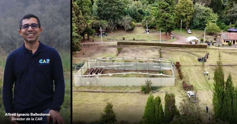Portrait of Alfred Ignacio Ballesteros, Director de la CAR, on the left; aerial view of a fenced outdoor facility and park with people on the right. - Las2orillas.co: Historias, voces y noticias de Colombia