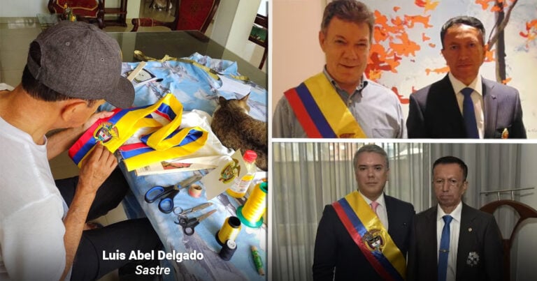 Left: craftsman sewing a Colombian flag at a cluttered table; right: two officials in suits with Colombian tricolor sashes posing for photos (top and bottom panels). - El sastre nariñense que borda las bandas presidenciales y ya tiene lista la de Abelardo De la Espriella