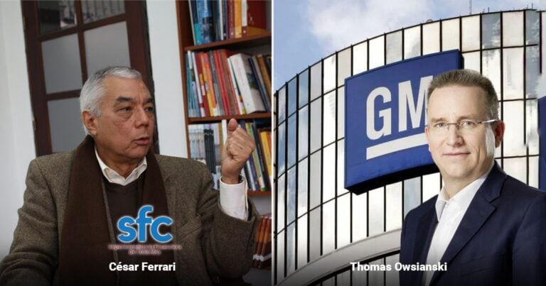 Two-panel image: left shows a man in a brown blazer in an office with bookshelves and an SFC logo; right shows a man in a suit outside a glass building with a GM sign. - Las2orillas.co: Historias, voces y noticias de Colombia