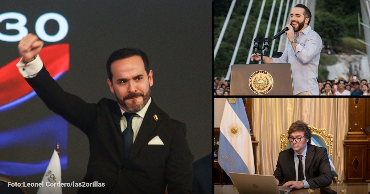 Collage of three political figures: left, a man in a black suit raises a fist on stage; top right, a man speaks into a microphone at an outdoor podium; bottom right, a man sits at a desk with a laptop with an Argentine flag in the background. - Abelardo de la Espriella fue el último de una cadena de presidentes de derecha elegidos en América Latina