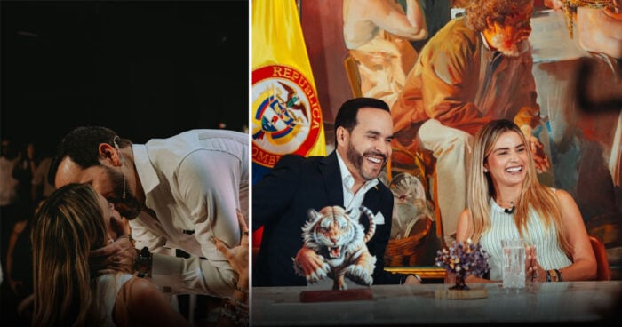 Left: a couple kissing in a dim venue; right: a man and woman laughing at a panel table with a tiger statue and colorful mural behind them. - Las2orillas.co: Historias, voces y noticias de Colombia