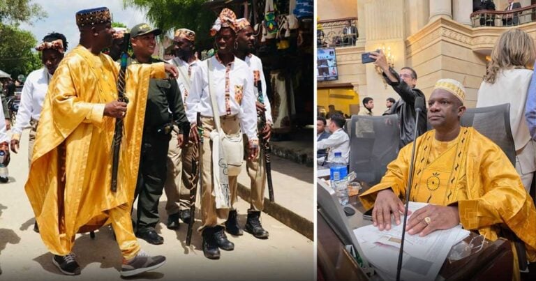 Group of men in bright gold traditional outfits gather and chat outdoors with others nearby in a street scene. - Las2orillas.co: Historias, voces y noticias de Colombia