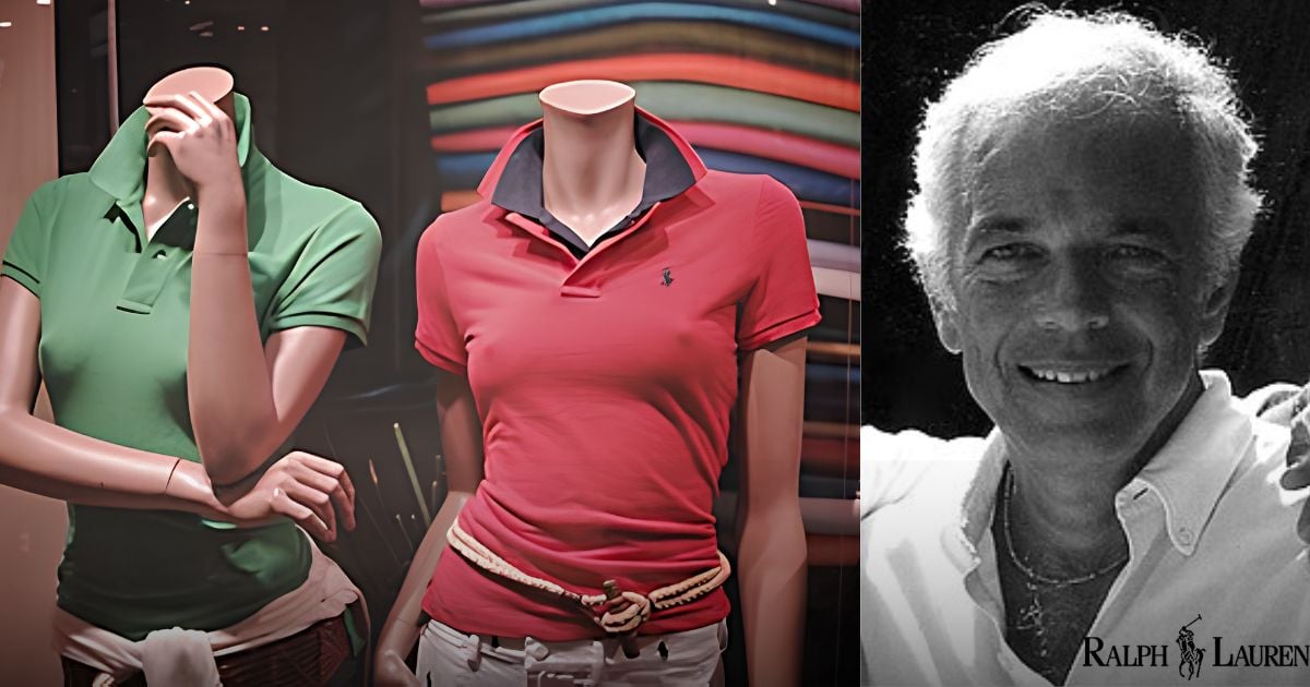Mannequin display wearing green and pink polo shirts, with folded shirts in the background; a separate black-and-white portrait of a smiling man wearing a white shirt with a Ralph Lauren logo. - La pelea por la marca de las camisetas Polo que Ralph Laurent-Colombia terminó ganando