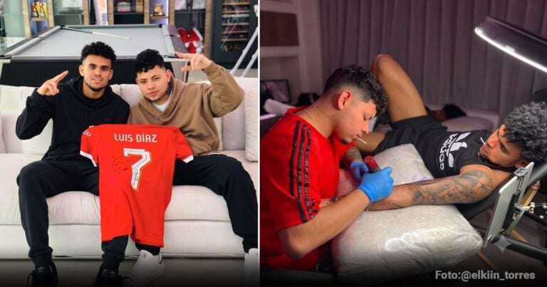 Split image: left side two friends on a white couch with a red Luis Díaz jersey between them; right side a tattoo artist in a red shirt tattoos a client’s forearm in a studio. - Las2orillas.co: Historias, voces y noticias de Colombia