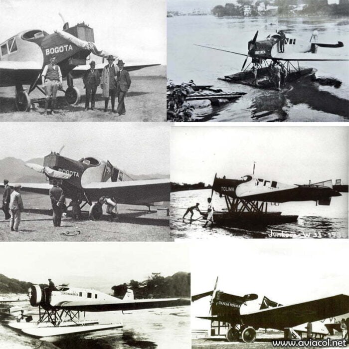 Cómo Avianca, la aerolínea más antigua de América ha sobrevivido a quiebras, guerras y atentados collage of vintage Colombian aircraft with labels like Bogota and Tolima at various airfields, showing early aviation history in Colombia. - Cómo Avianca, la aerolínea más antigua de América ha sobrevivido a quiebras, guerras y atentados