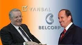 Two businessmen in suits shake hands in front of a gradient backdrop with Yanbal and Belcorp logos. - Las poderosas familias peruanas que hacen fortuna en Colombia con gaseosas, colegios y cosméticos