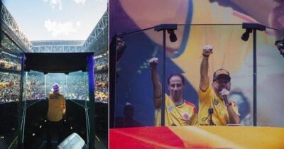 Las2orillas.co: Historias, voces y noticias de Colombia Split image: left shows a man in a yellow shirt walking toward a glass-walled dugout in a packed stadium; right shows two men in yellow jerseys raising fists from a glass booth during a live event. - Las2orillas.co: Historias, voces y noticias de Colombia