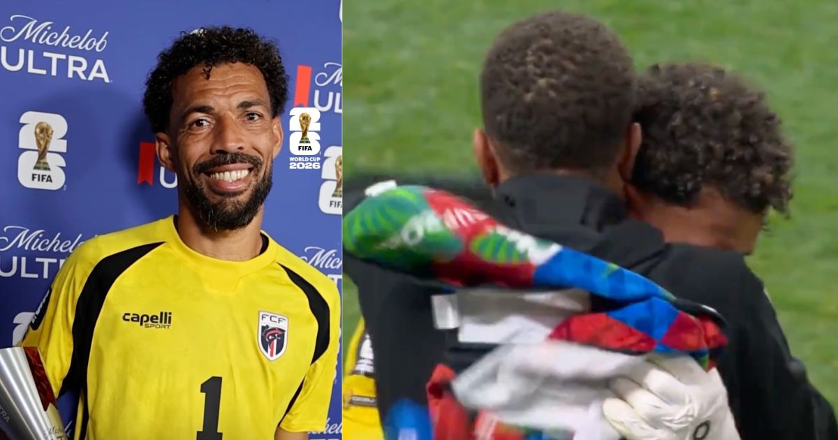 Left: smiling goalkeeper in a yellow kit holding a trophy; right: teammates embrace on the green field after a match, with a colorful scarf draped over one player. - Cabo Verde sorprende al mundo y rescata un empate ante una España sin respuestas
