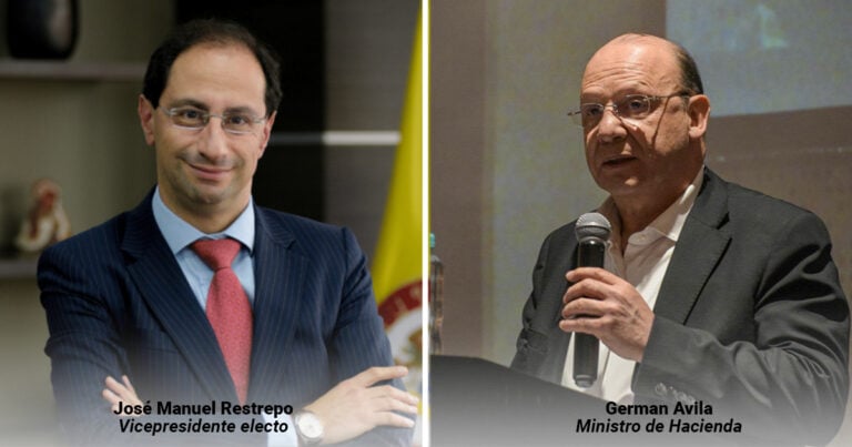 Split-screen image of two politicians: left is José Manuel Restrepo, elected vice president, in a pinstriped suit with a red tie; right is German Avila, minister of finance, speaking into a microphone. - Las2orillas.co: Historias, voces y noticias de Colombia