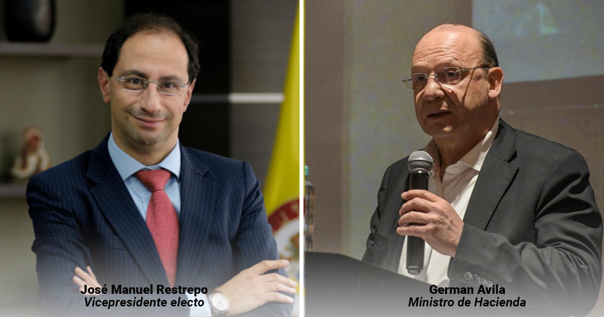 Split-screen image of two politicians: left is José Manuel Restrepo, elected vice president, in a pinstriped suit with a red tie; right is German Avila, minister of finance, speaking into a microphone. - Un ejército de 1200 profesionales recibirán con lupa la información que le entregará el gobierno Petro