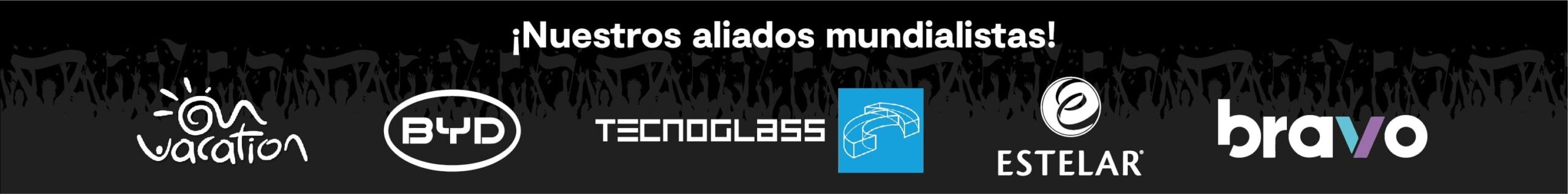 Deportes Banner with the phrase "¡Nuestros aliados mundialistas!" and partner logos (Vacation, BYD, TECNOGLASS, Estelar, Bravo) on a dark background. - Deportes