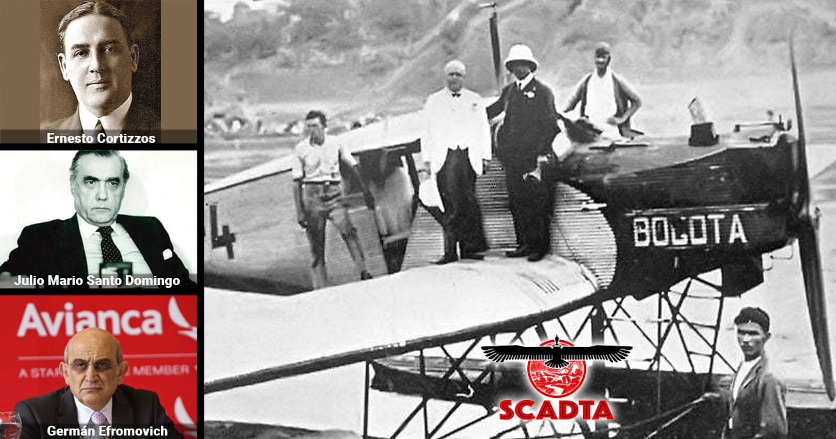 Vintage SCADTA airplane with men on the wing; left column shows three labeled portraits and a SCADTA emblem with eagle/logo below. - Cómo Avianca, la aerolínea más antigua de América ha sobrevivido a quiebras, guerras y atentados